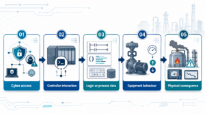 Cyber access → controller interaction → logic or process data → equipment behaviour → physical consequence